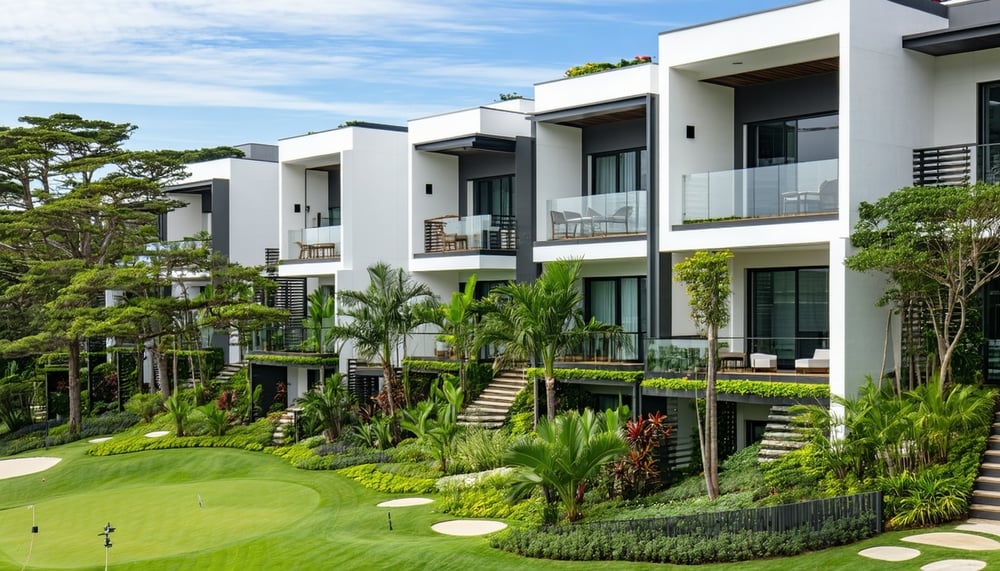 Modern residential buildings of Coastal Cabana EC with lush landscaping
